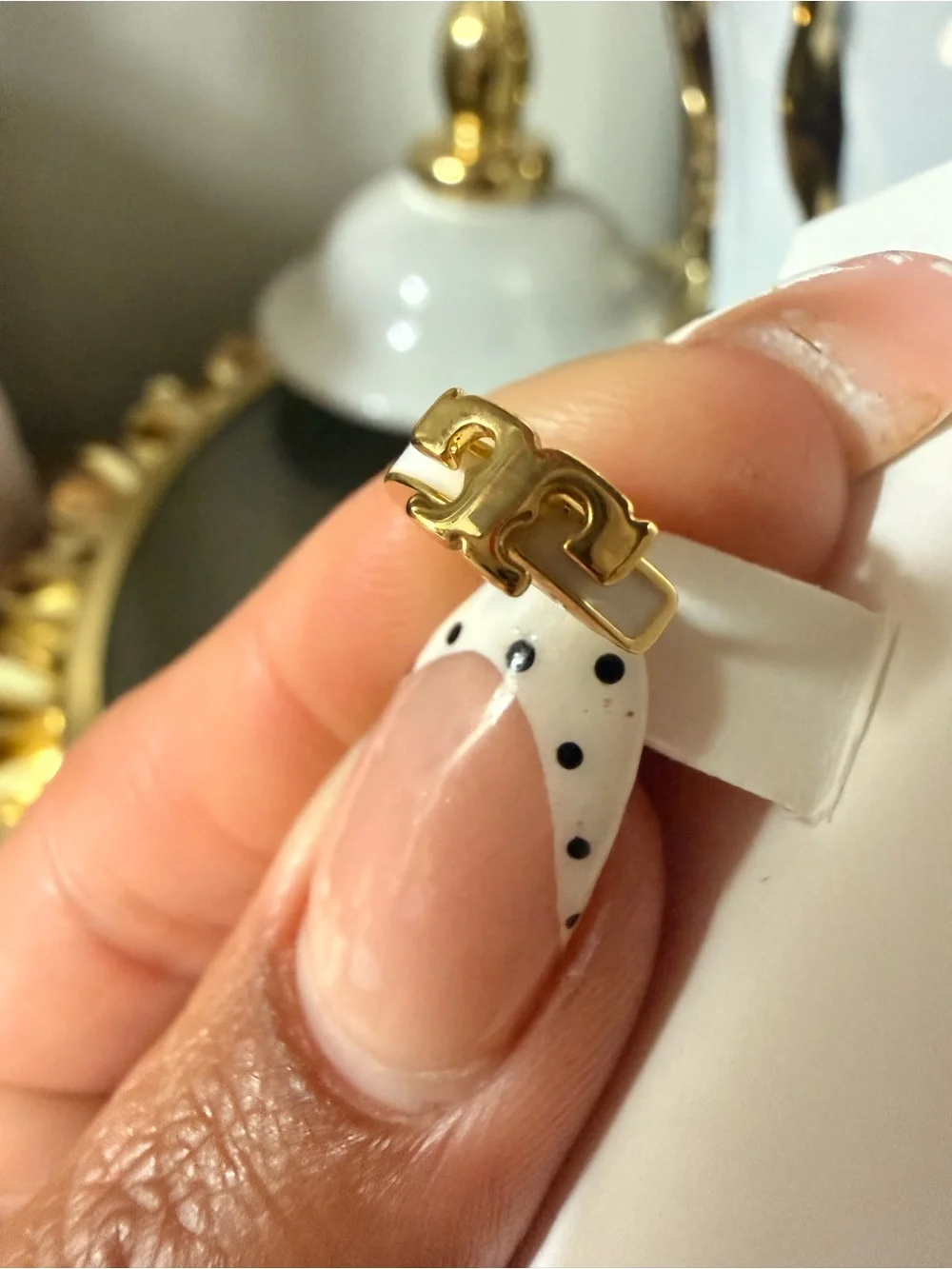 Tory Burch Gold and White Enamel Mini Logo Huggies Earrings